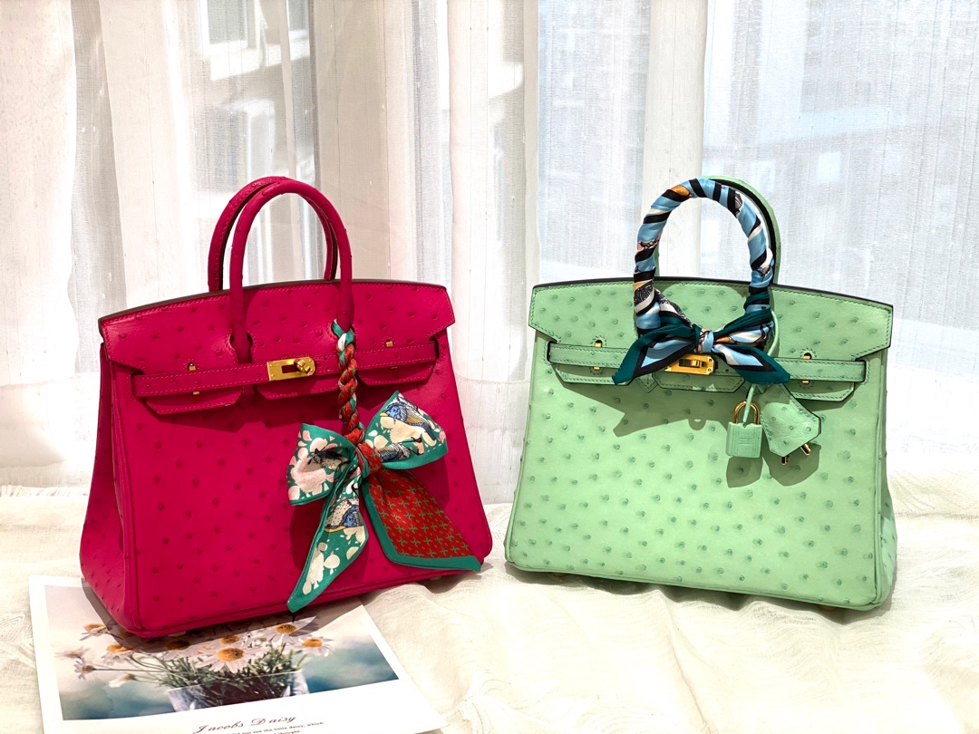 HERMES 25birkin 小可爱 进口南非kk鸵鸟皮 冰淇淋绿 金扣 顶级蜡线纯手缝