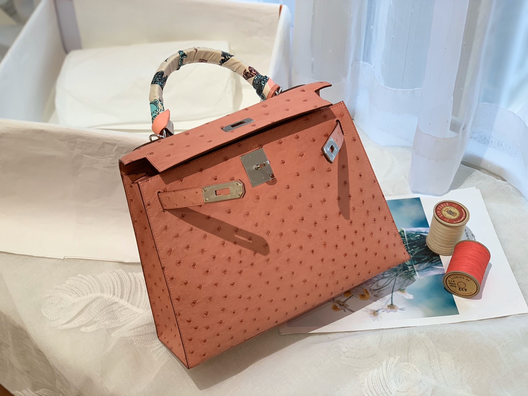 HERMES kelly 28 cc94 陶瓷粉 原厂南非KK Ostrich 鸵鸟皮 蜡线 顶级纯手缝  粉嫩粉嫩滴颜色爱啦