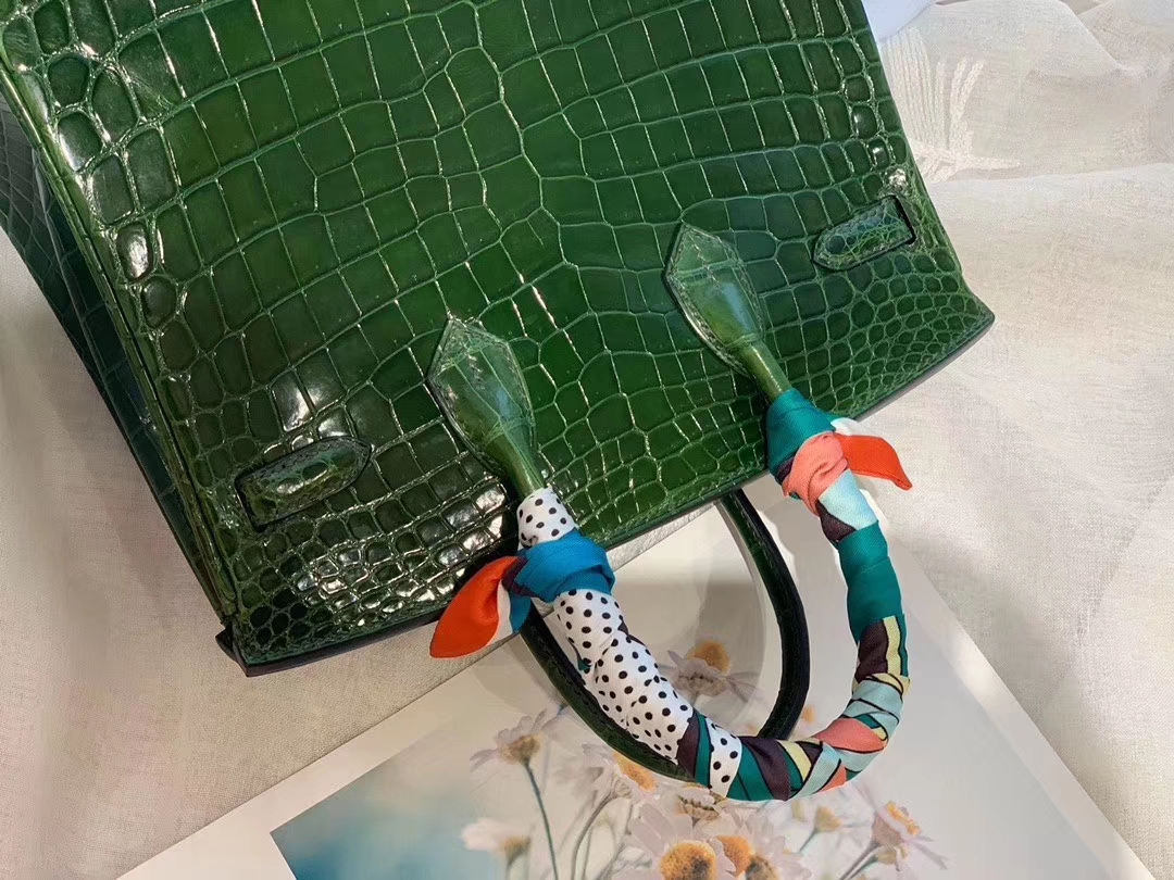 HERMES 67祖母绿Vert Fonce nilo两点 尼罗鳄 银扣 birkin 25