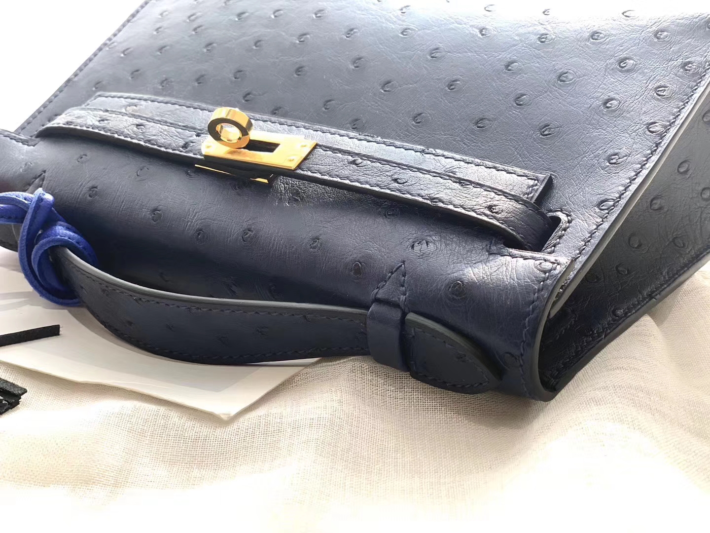 HERMES 73宝石蓝金扣 鸵鸟皮 22 Kelly pochette一代 手包晚宴包/配上猪鼻子链可当小挎包