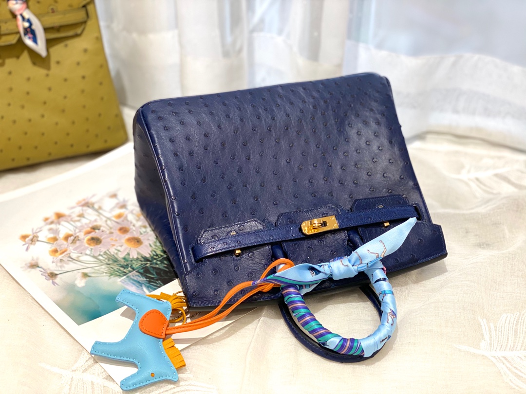 HERMES 25birkin 小可爱 进口南非kk鸵鸟皮 宝石蓝 金扣 顶级蜡线纯手缝