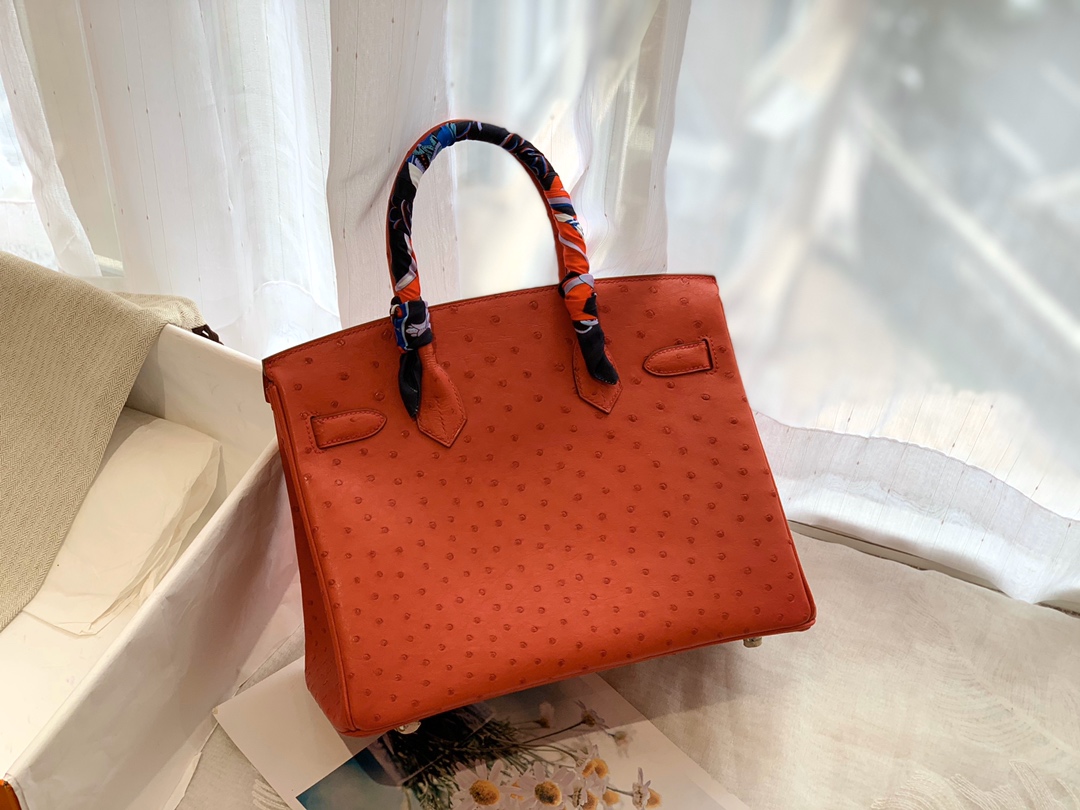 HERMES Q5 大红银扣 30 birkin 南非鸵鸟皮Ostrich 鸵鸟皮经久耐用 耐磨 自重轻 越用越有光泽