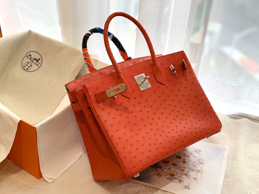 HERMES Q5 大红银扣 30 birkin 南非鸵鸟皮Ostrich 鸵鸟皮经久耐用 耐磨 自重轻 越用越有光泽