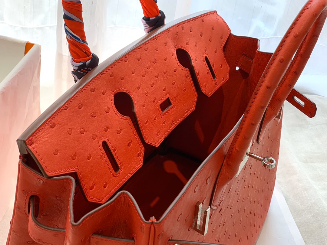 HERMES Q5 大红银扣 30 birkin 南非鸵鸟皮Ostrich 鸵鸟皮经久耐用 耐磨 自重轻 越用越有光泽