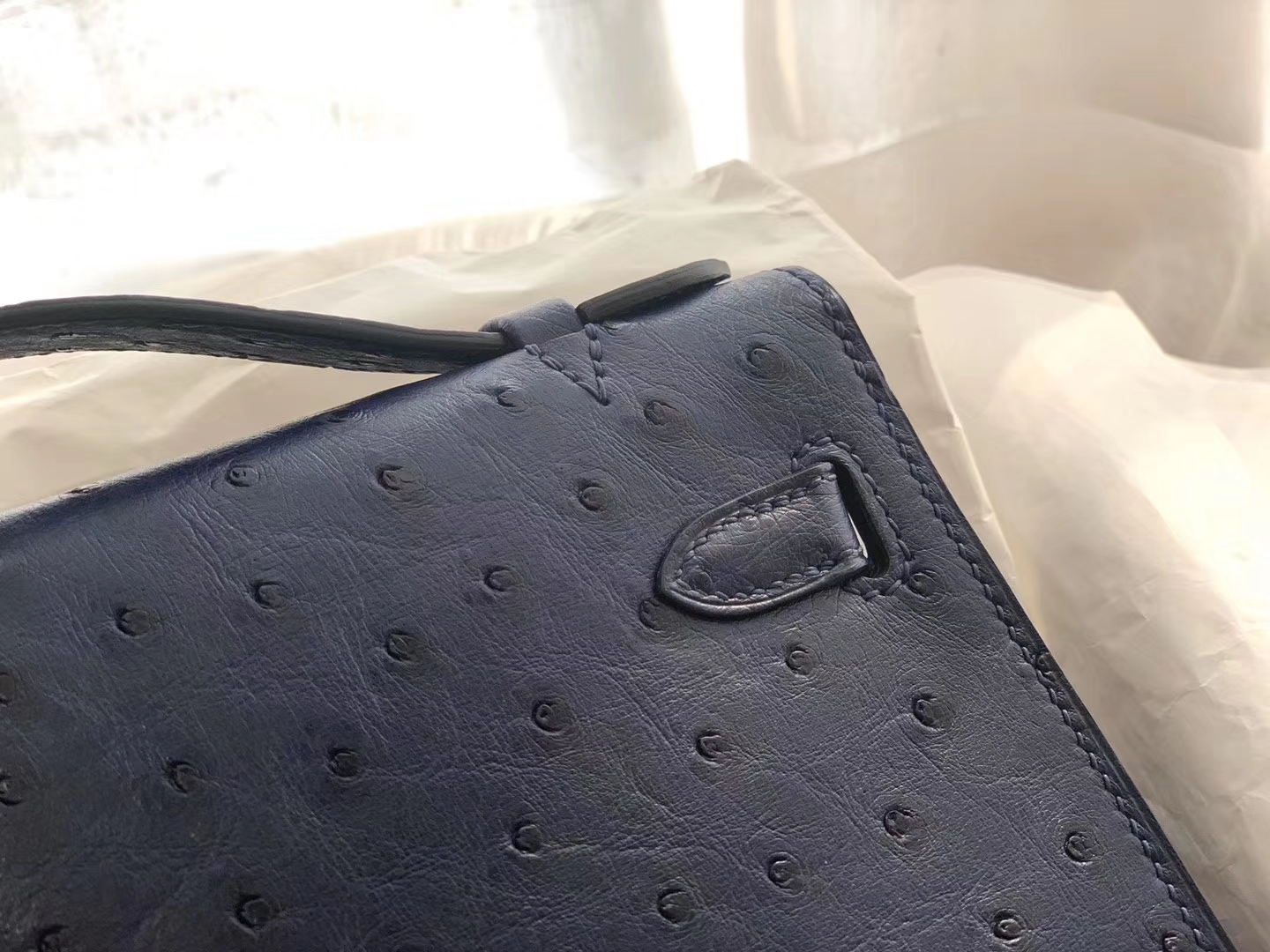 HERMES 73宝石蓝金扣 鸵鸟皮 22 Kelly pochette一代 手包晚宴包/配上猪鼻子链可当小挎包