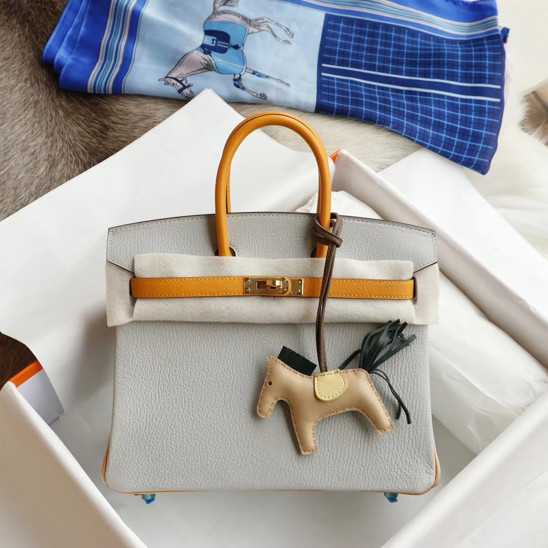 最佳搭配！CC80珍珠灰拼9j太阳黄 金扣 birkin25CM 原厂专柜山羊皮 cherve 皮 铂金包 纯手缝蜡线缝制工艺