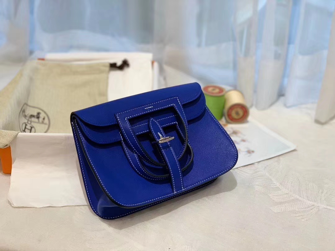 HERMES mini Halzan 肩背设计款 实用 简单 晚宴包 进口swift 皮 T7 电光蓝