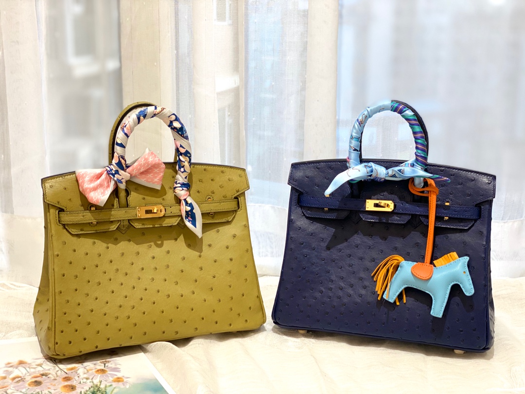 HERMES 25birkin 小可爱 进口南非kk鸵鸟皮 宝石蓝 金扣 顶级蜡线纯手缝