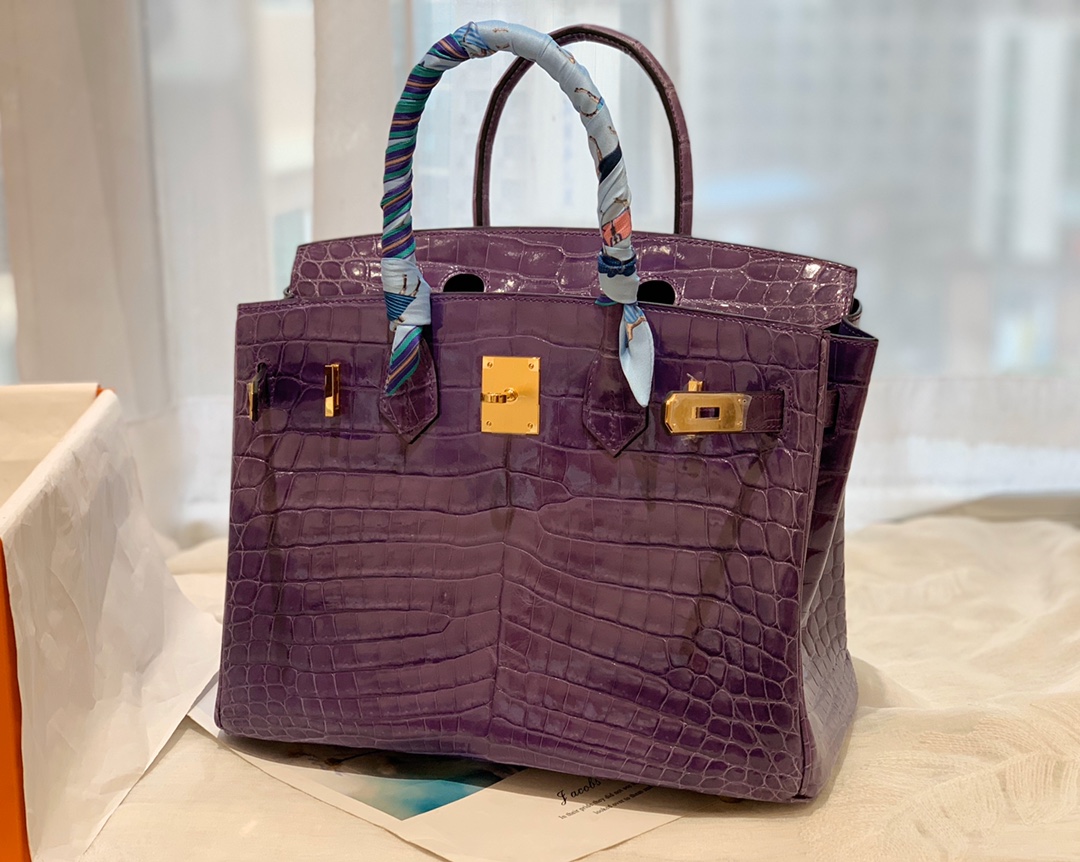 HERMES birkin 30 尼罗亮光 9W 梦幻紫 金扣 顶级老工匠纯手工缝制