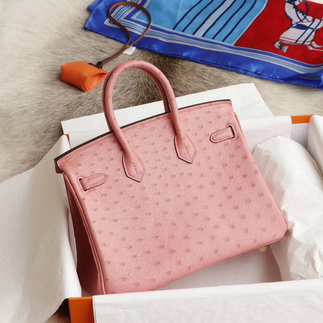 爱马仕 3Q奶昔粉 Birkin25CM 铂金包 南非KK鸵鸟皮 老师傅全手缝 金扣