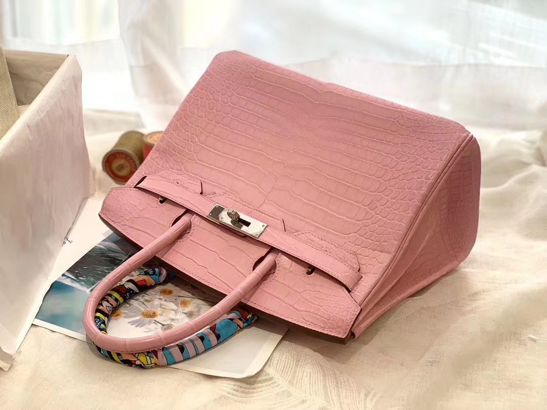  HERMES birkin 30 matte雾面 nilo crocodile尼罗鳄两点 5P樱花粉 银扣 顶级老工匠纯手缝缝制 粉嫩小仙女