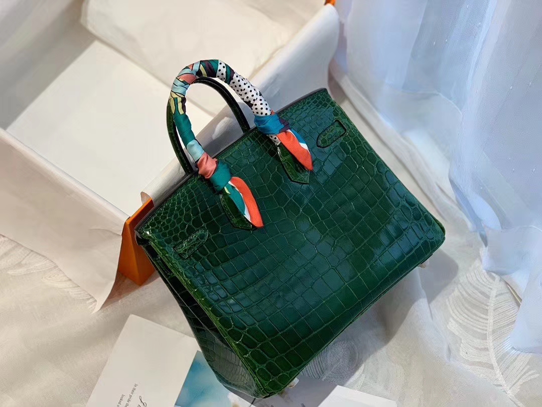 HERMES 67祖母绿Vert Fonce nilo两点 尼罗鳄 银扣 birkin 25