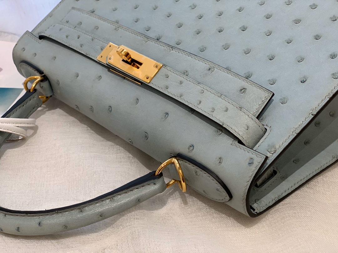 HERMES kelly 28 J7亚麻蓝 金扣 原厂南非KK Ostrich 鸵鸟皮 蜡线 顶级纯手缝  清新淡雅蓝
