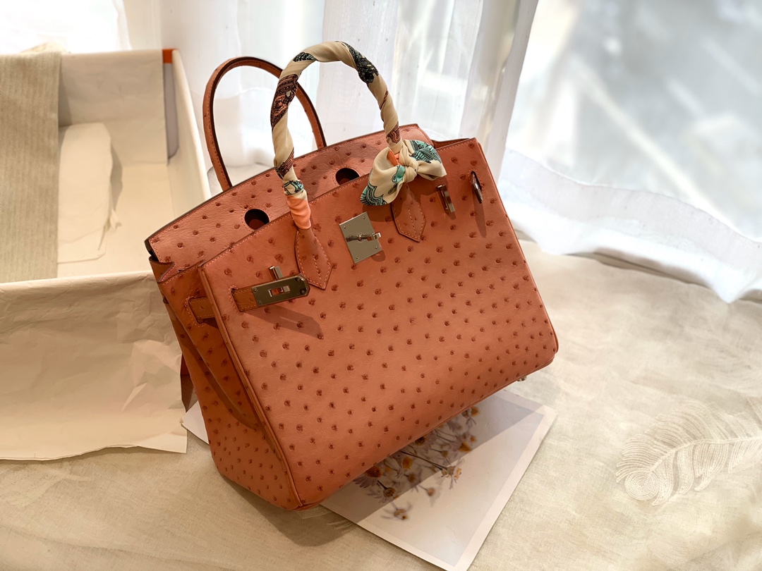 HERMES 94 陶瓷粉 银扣 30 birkin 南非鸵鸟皮Ostrich  鸵鸟皮 经久耐用 耐磨
