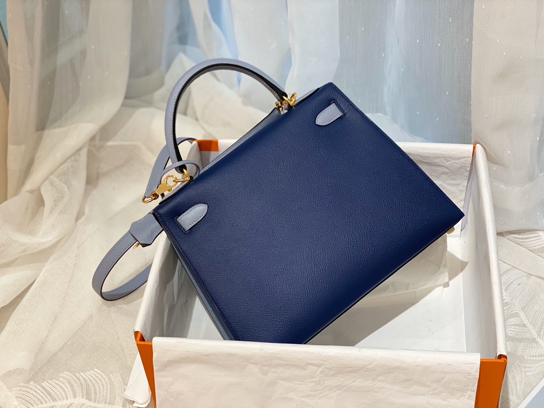 HERMES 28 Kelly epsom 皮 73宝石蓝拼J7亚麻蓝 金扣 喜欢的可以订制