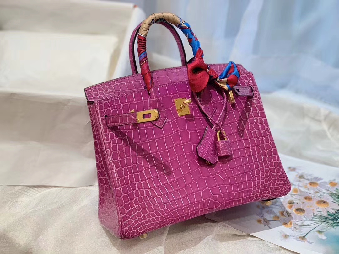 HERMES 5J浅梅紫 porosus湾鳄倒v 金扣 birkin 25  温柔小女人气质