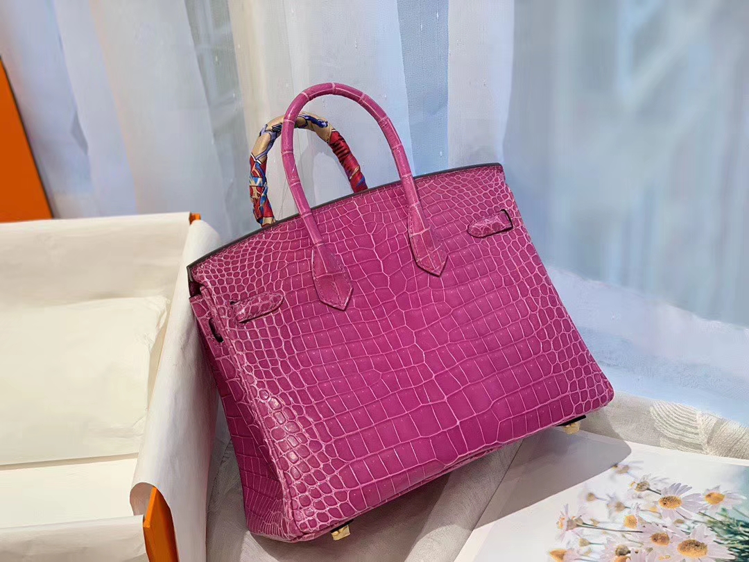 HERMES 5J浅梅紫 porosus湾鳄倒v 金扣 birkin 25  温柔小女人气质