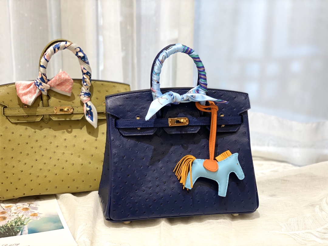 HERMES 25birkin 小可爱 进口南非kk鸵鸟皮 宝石蓝 金扣 顶级蜡线纯手缝