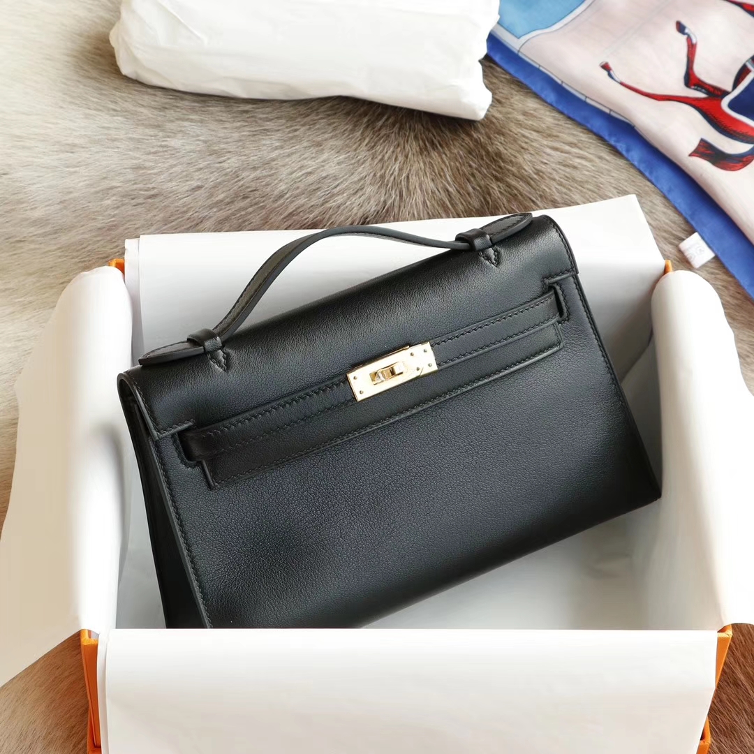 爱马仕 宴会手挽款 CC89黑色 银扣 22 mini kelly 一代/Kelly pochette 原厂御用 进口Swift皮 蜡线手缝工艺