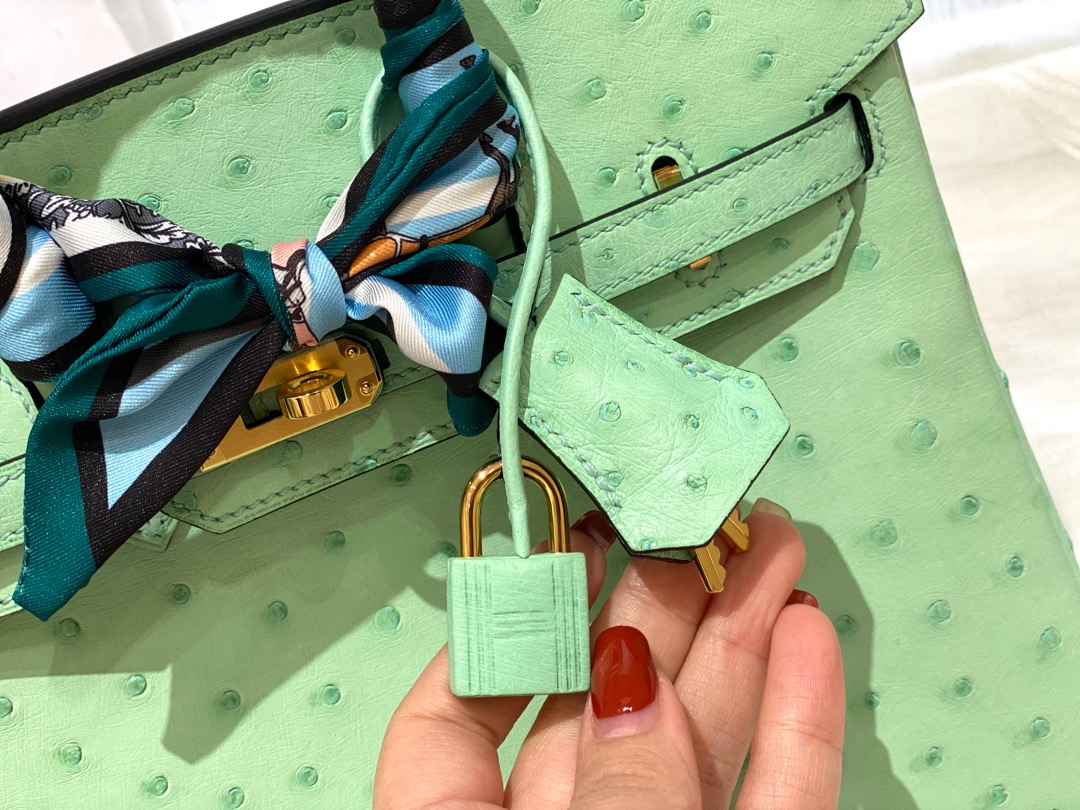 HERMES 25birkin 小可爱 进口南非kk鸵鸟皮 冰淇淋绿 金扣 顶级蜡线纯手缝