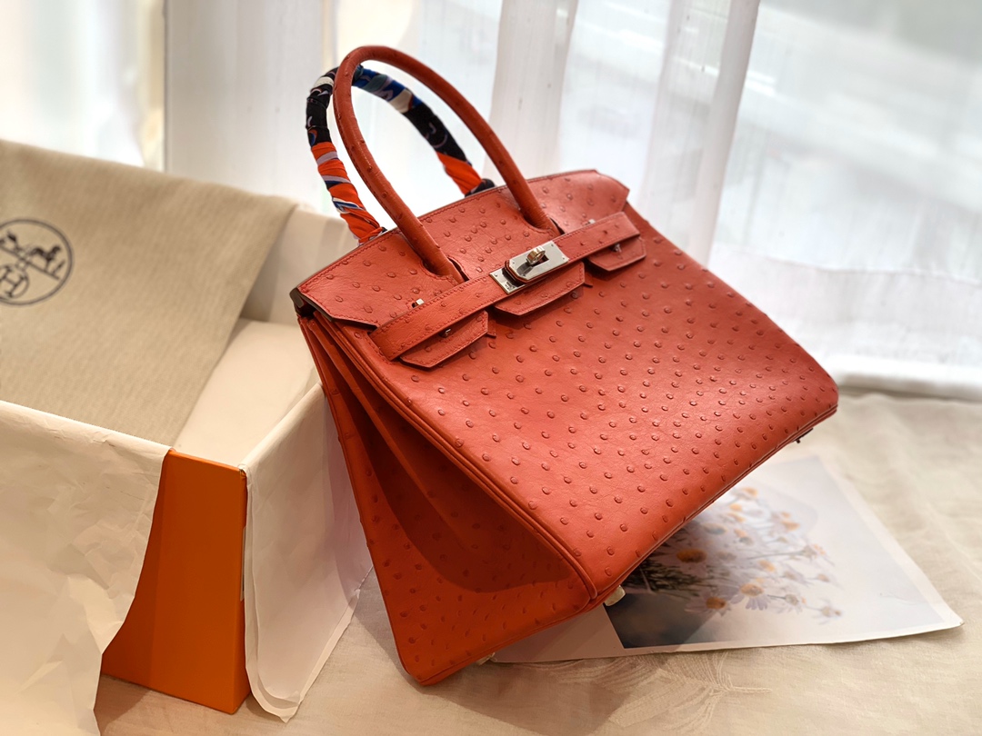 HERMES Q5 大红银扣 30 birkin 南非鸵鸟皮Ostrich 鸵鸟皮经久耐用 耐磨 自重轻 越用越有光泽