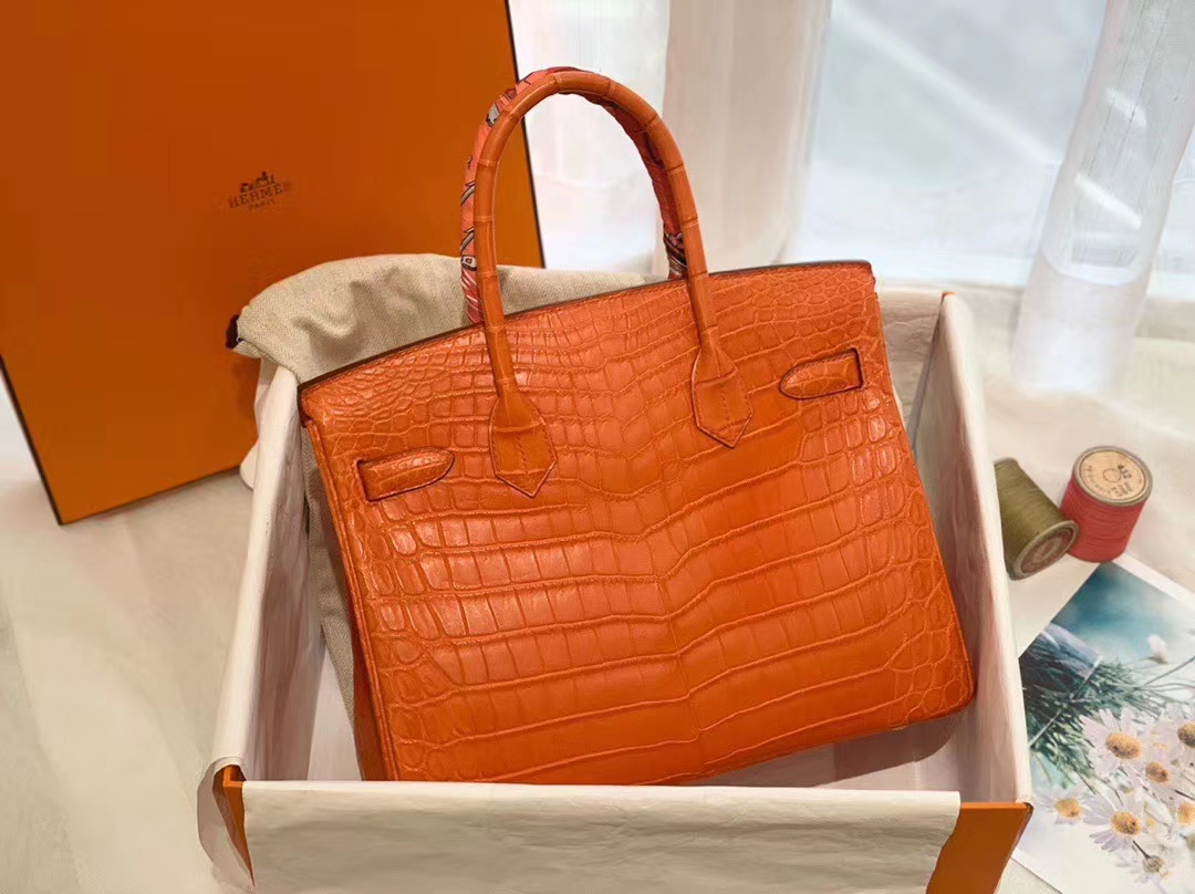  HERMES birkin 30 matte雾面 nilo crocodile尼罗鳄两点 9J火焰橙 金扣 顶级老工匠纯手缝缝制 时尚艳丽橙