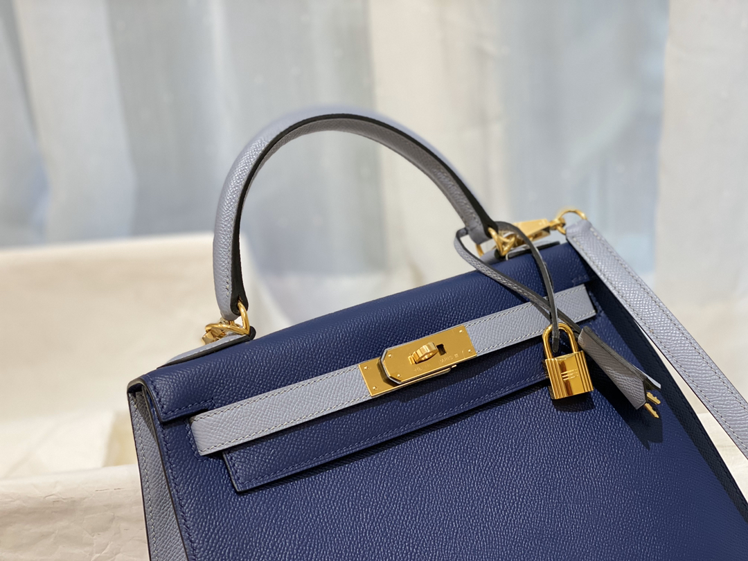 HERMES 28 Kelly epsom 皮 73宝石蓝拼J7亚麻蓝 金扣 喜欢的可以订制