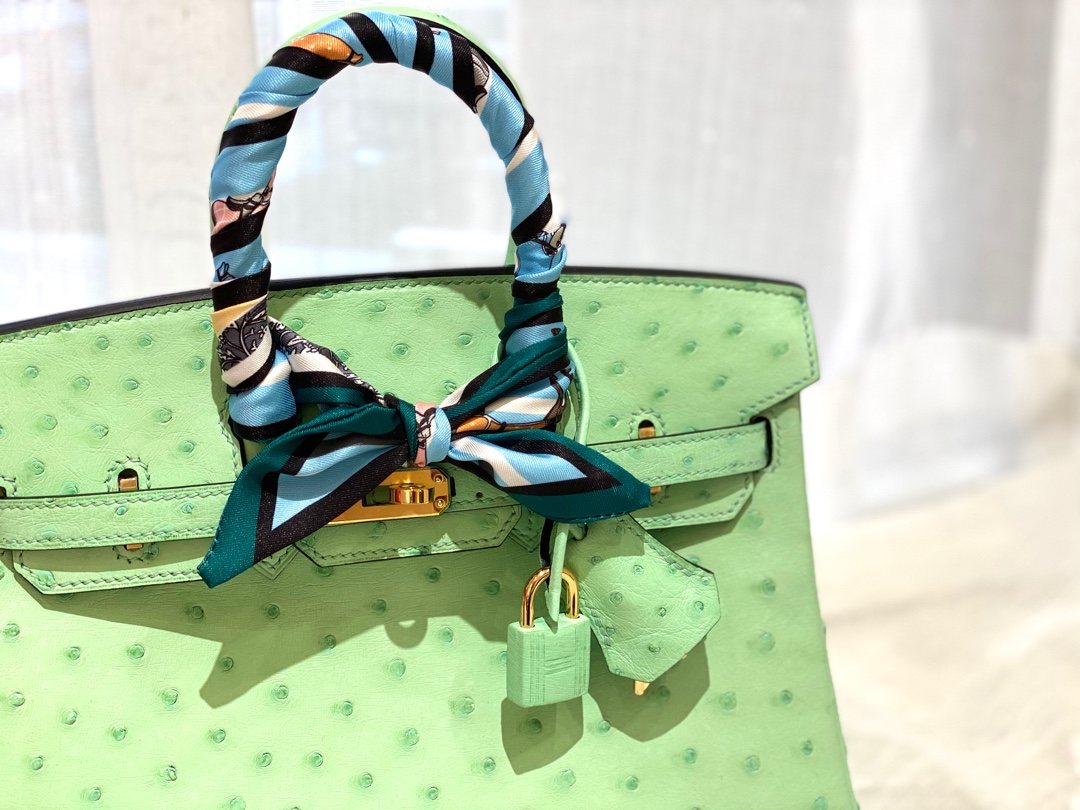 HERMES 25birkin 小可爱 进口南非kk鸵鸟皮 冰淇淋绿 金扣 顶级蜡线纯手缝
