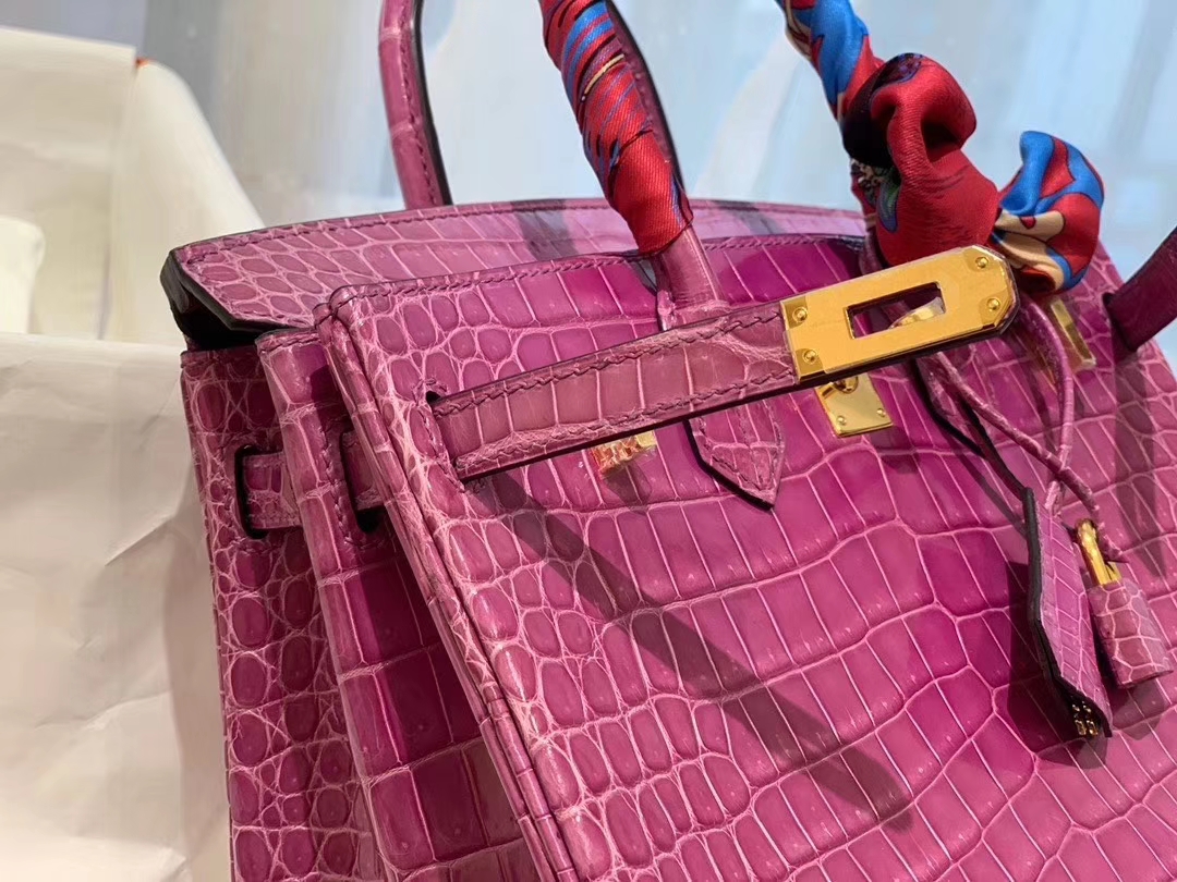 HERMES 5J浅梅紫 porosus湾鳄倒v 金扣 birkin 25  温柔小女人气质
