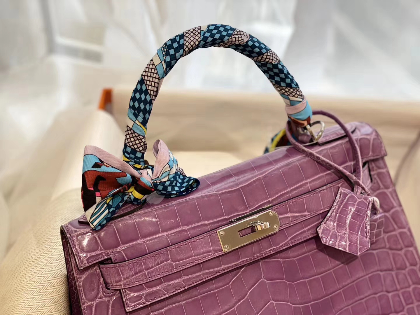 HERMES 5H薰衣草紫 银扣 kelly 28 亮光 nilo尼罗两点鳄鱼皮