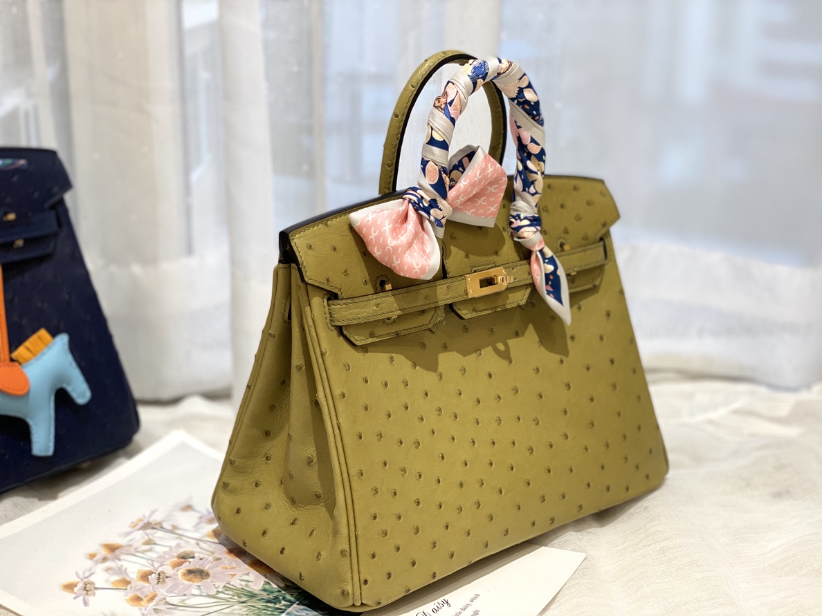 HERMES 25birkin 小可爱 进口南非kk鸵鸟皮 6E黄连木色 金扣 顶级蜡线纯手缝