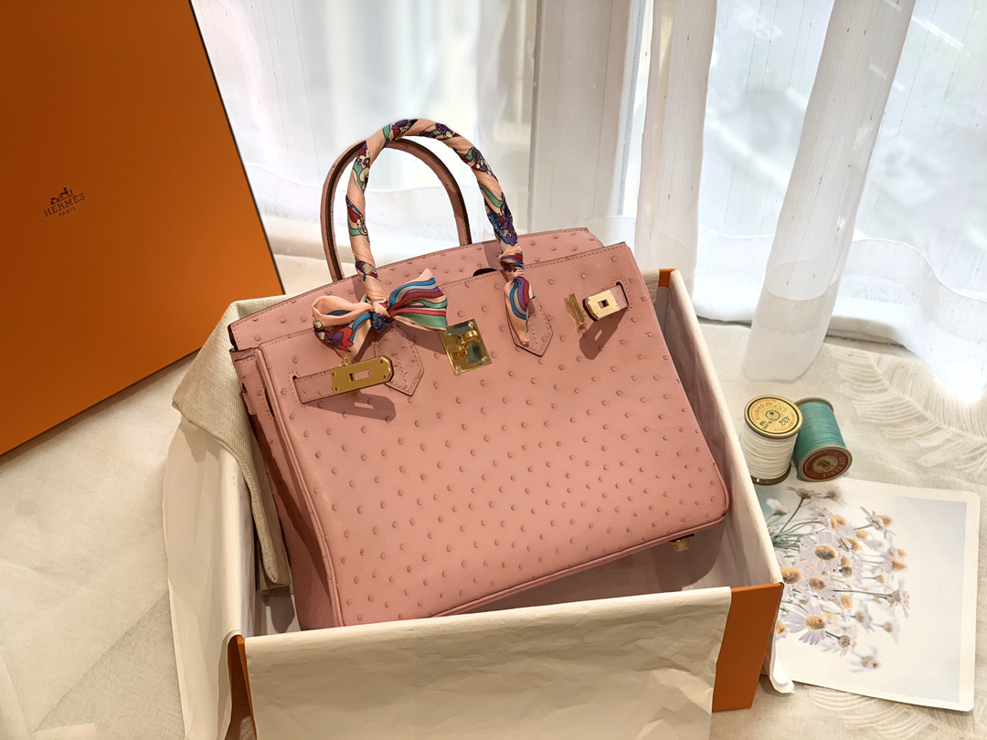 HERMES 3Q 粉色 金扣 30 birkin 南非鸵鸟皮Ostrich 鸵鸟皮经久耐用 耐磨 自重轻 越用越有光泽