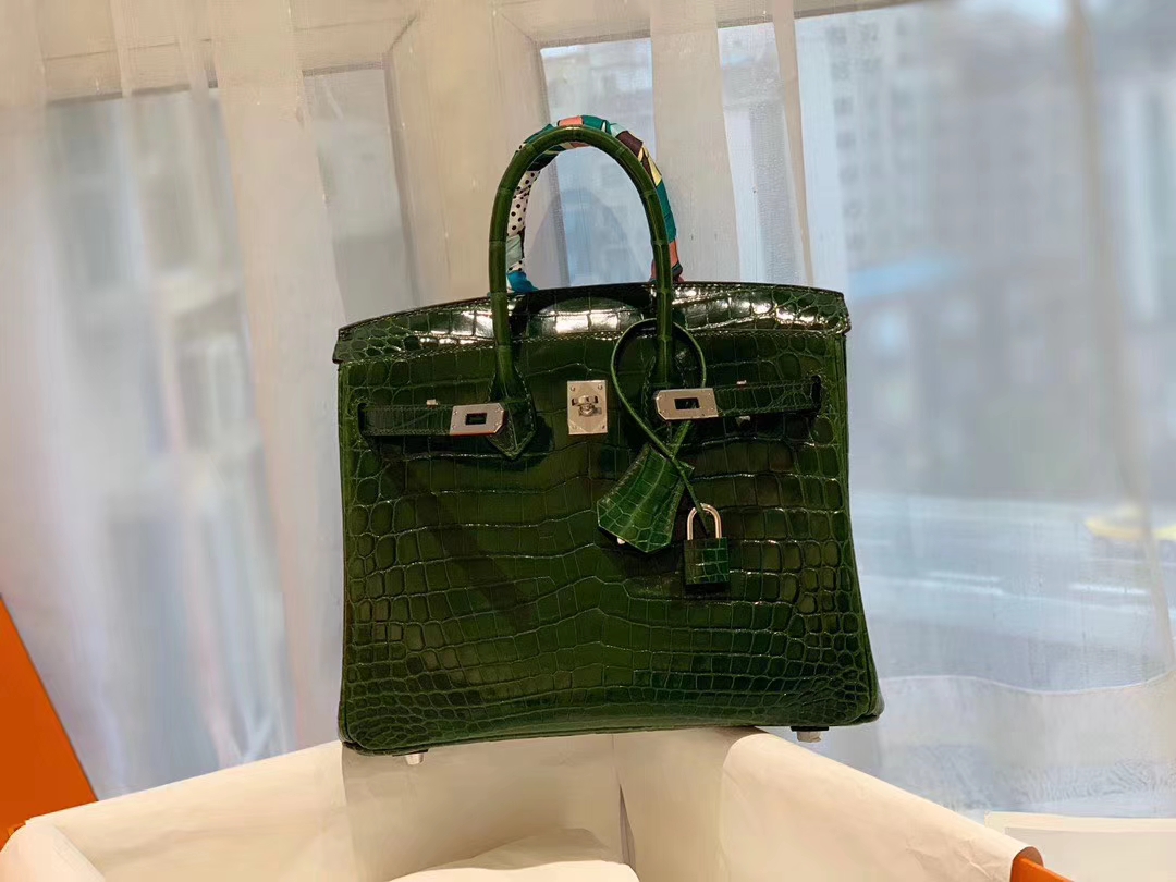 HERMES 67祖母绿Vert Fonce nilo两点 尼罗鳄 银扣 birkin 25