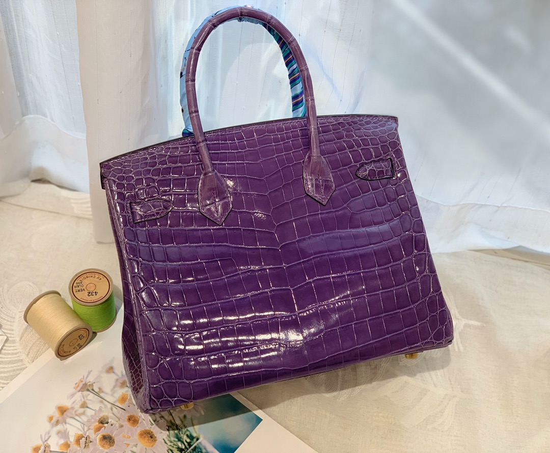 HERMES birkin 30 尼罗亮光 9W 梦幻紫 金扣 顶级老工匠纯手工缝制
