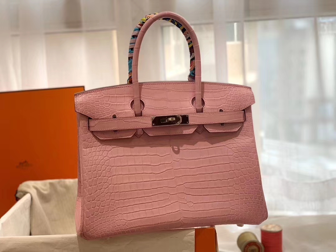  HERMES birkin 30 matte雾面 nilo crocodile尼罗鳄两点 5P樱花粉 银扣 顶级老工匠纯手缝缝制 粉嫩小仙女
