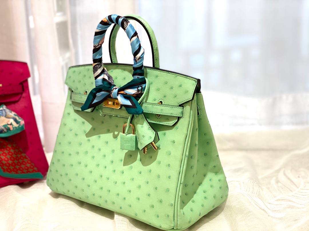 HERMES 25birkin 小可爱 进口南非kk鸵鸟皮 冰淇淋绿 金扣 顶级蜡线纯手缝