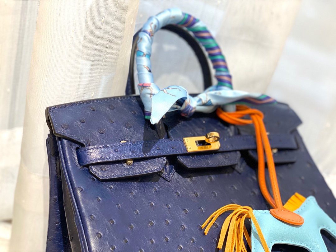 HERMES 25birkin 小可爱 进口南非kk鸵鸟皮 宝石蓝 金扣 顶级蜡线纯手缝