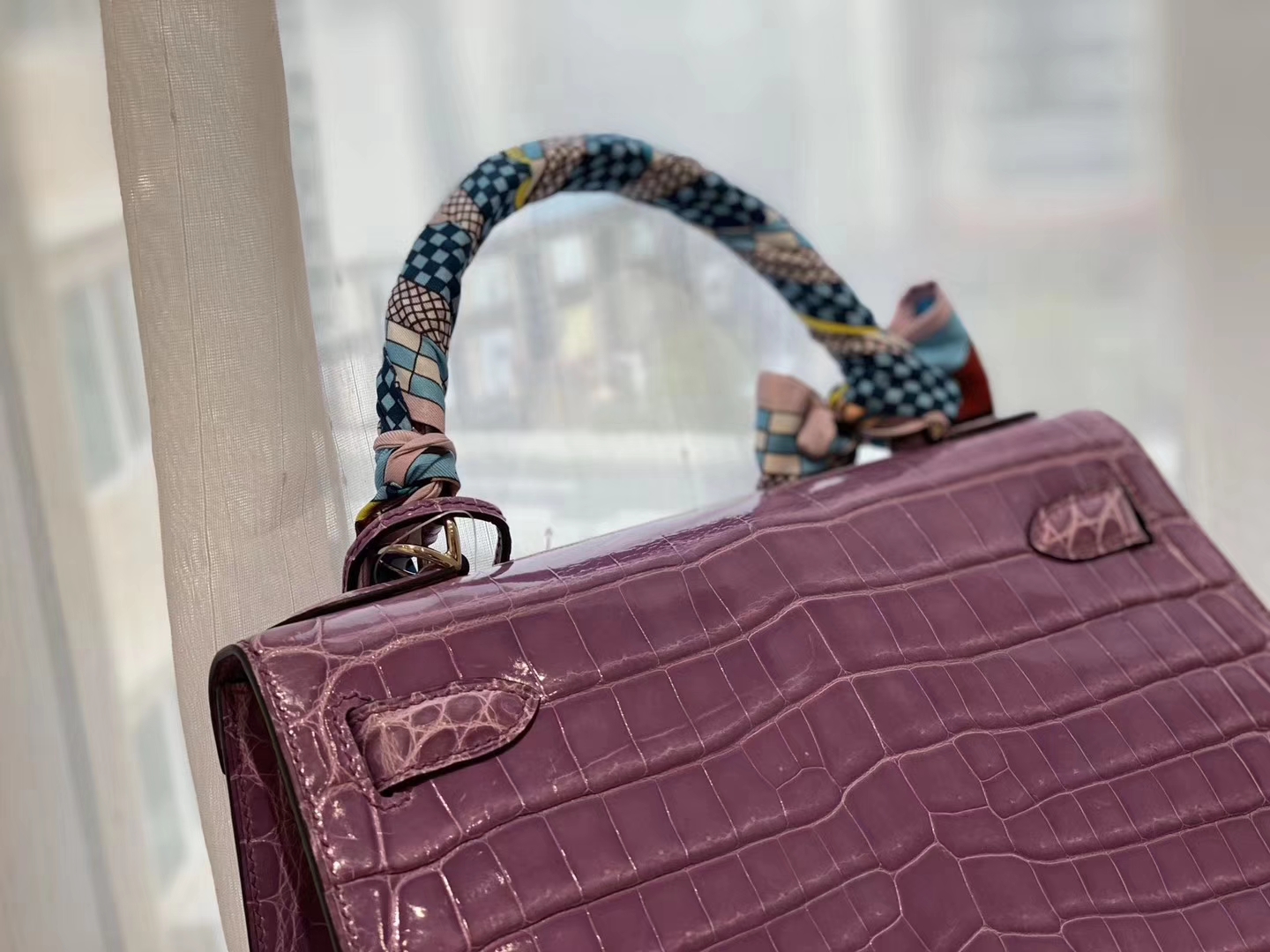 HERMES 5H薰衣草紫 银扣 kelly 28 亮光 nilo尼罗两点鳄鱼皮