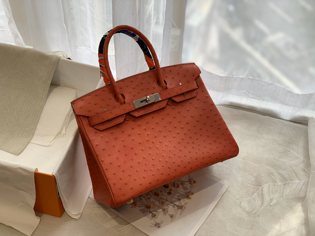 HERMES Q5 大红银扣 30 birkin 南非鸵鸟皮Ostrich 鸵鸟皮经久耐用 耐磨 自重轻 越用越有光泽