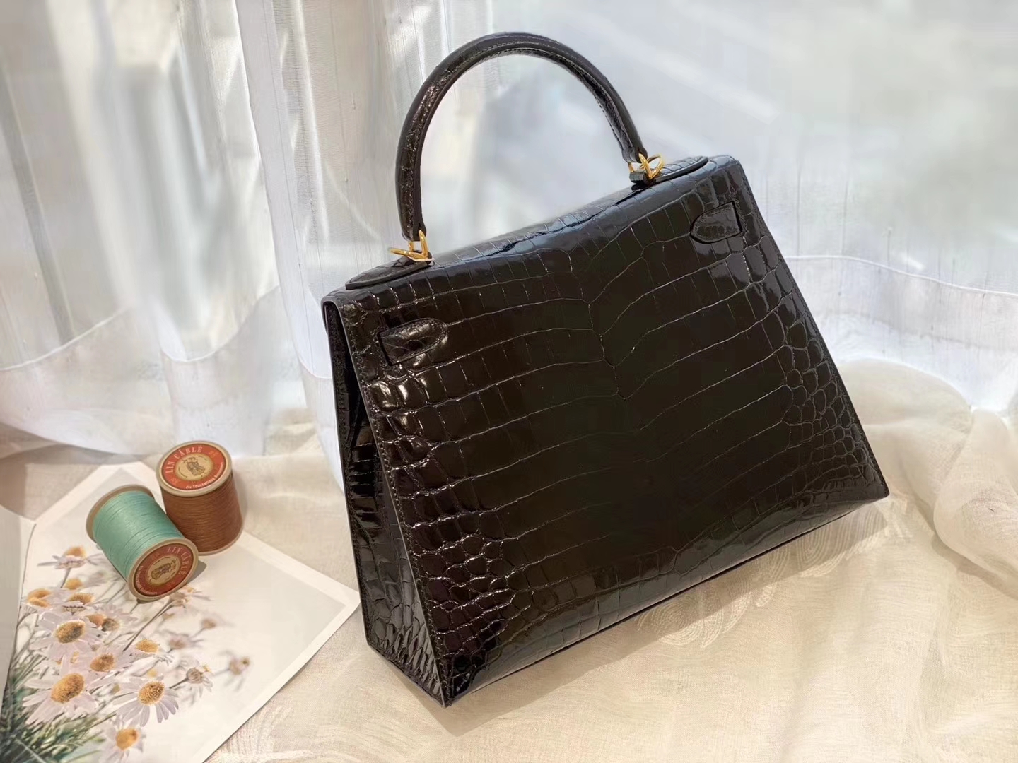 HERMES 89黑金 kelly 28 亮光 nilo尼罗两点鳄鱼皮