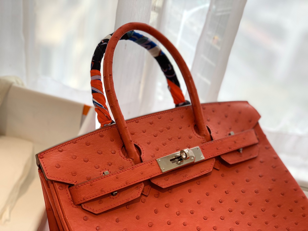 HERMES Q5 大红银扣 30 birkin 南非鸵鸟皮Ostrich 鸵鸟皮经久耐用 耐磨 自重轻 越用越有光泽
