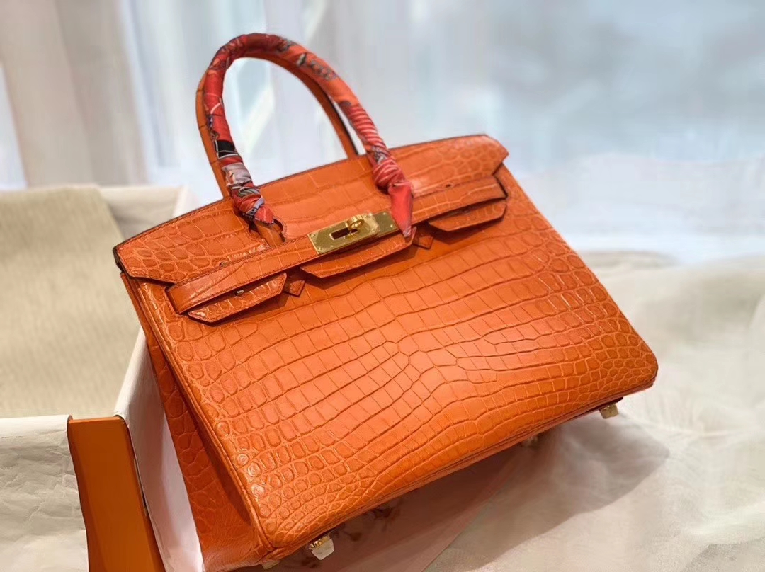  HERMES birkin 30 matte雾面 nilo crocodile尼罗鳄两点 9J火焰橙 金扣 顶级老工匠纯手缝缝制 时尚艳丽橙