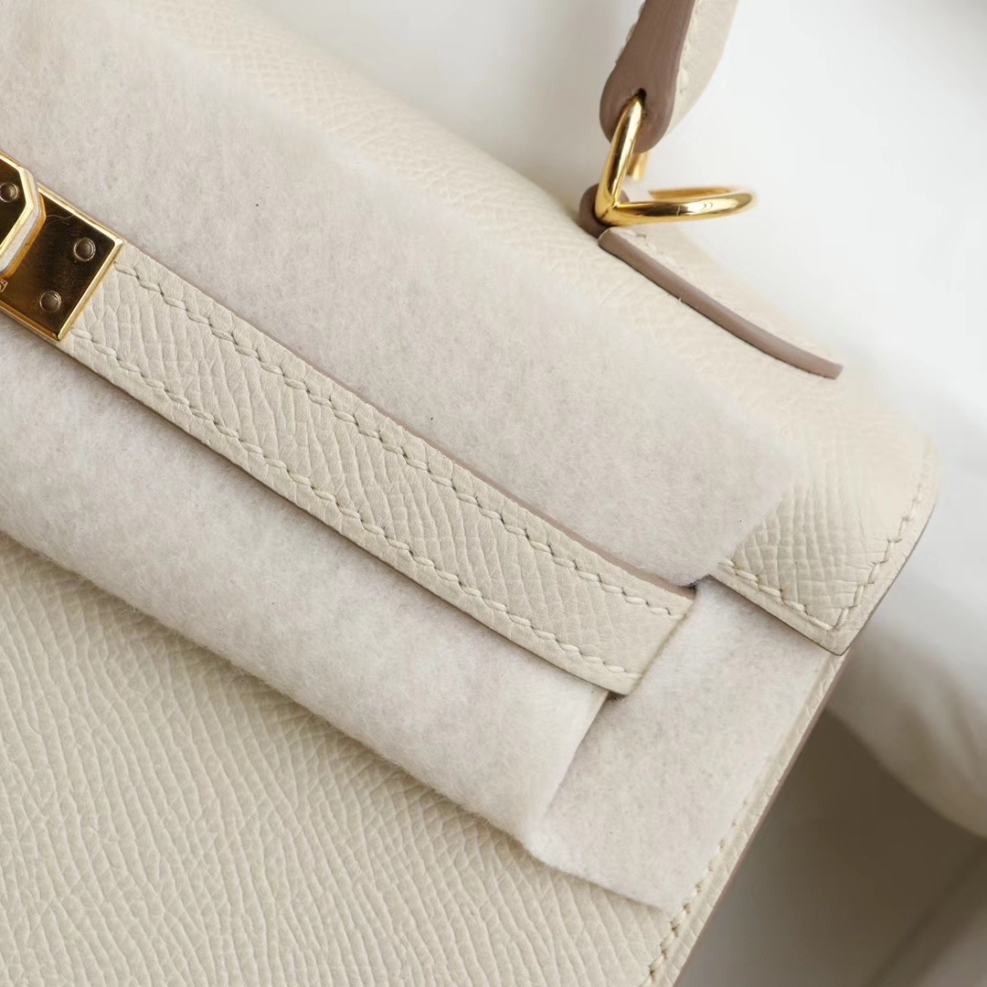 CC10奶昔白 金扣 Kelly25CM 专柜原厂Epsom皮 凯丽凯莉包 纯手缝蜡线缝制工艺
