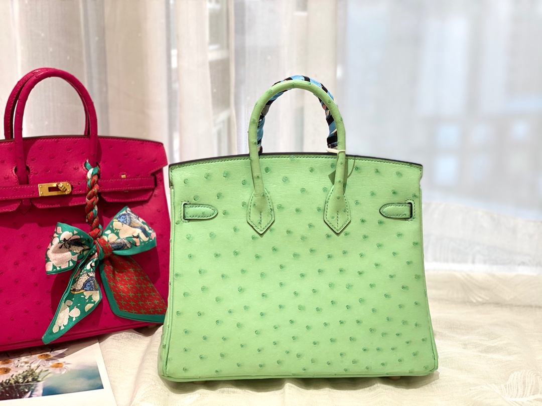 HERMES 25birkin 小可爱 进口南非kk鸵鸟皮 冰淇淋绿 金扣 顶级蜡线纯手缝