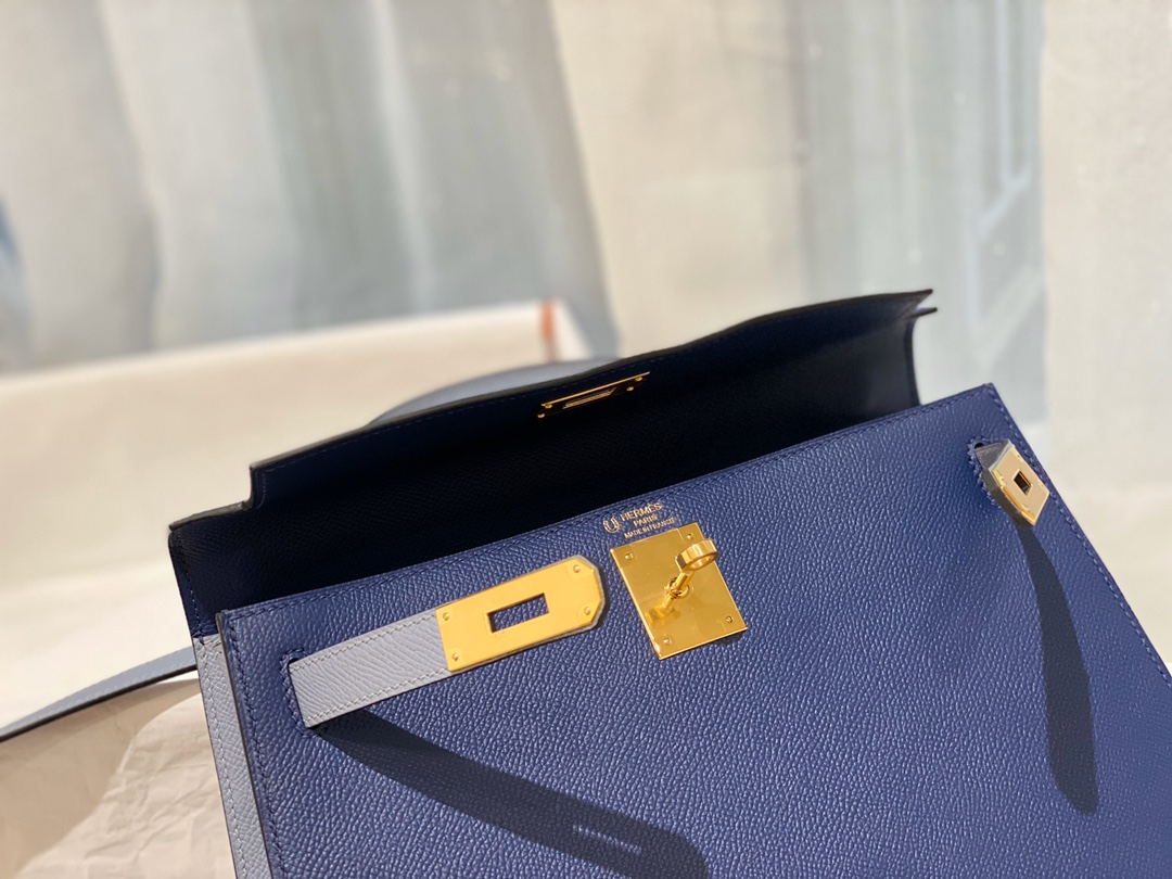 HERMES 28 Kelly epsom 皮 73宝石蓝拼J7亚麻蓝 金扣 喜欢的可以订制