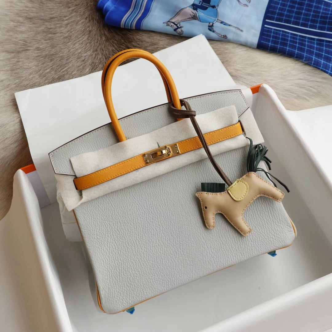 最佳搭配！CC80珍珠灰拼9j太阳黄 金扣 birkin25CM 原厂专柜山羊皮 cherve 皮 铂金包 纯手缝蜡线缝制工艺