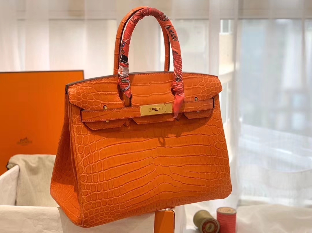  HERMES birkin 30 matte雾面 nilo crocodile尼罗鳄两点 9J火焰橙 金扣 顶级老工匠纯手缝缝制 时尚艳丽橙