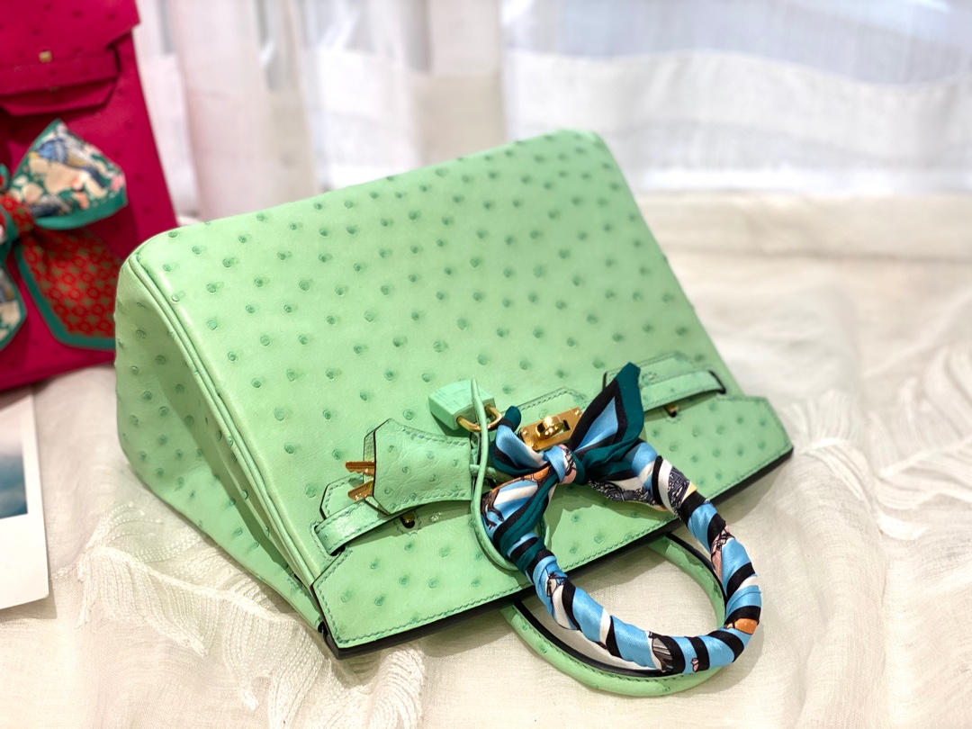 HERMES 25birkin 小可爱 进口南非kk鸵鸟皮 冰淇淋绿 金扣 顶级蜡线纯手缝