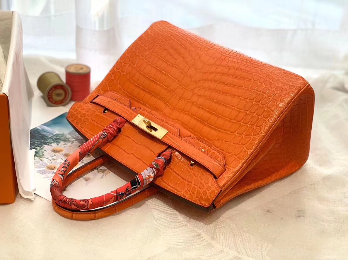  HERMES birkin 30 matte雾面 nilo crocodile尼罗鳄两点 9J火焰橙 金扣 顶级老工匠纯手缝缝制 时尚艳丽橙