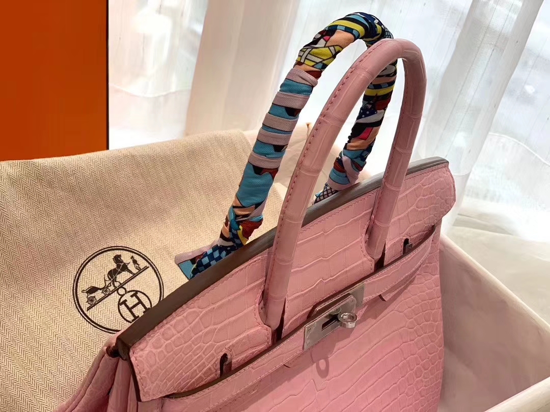  HERMES birkin 30 matte雾面 nilo crocodile尼罗鳄两点 5P樱花粉 银扣 顶级老工匠纯手缝缝制 粉嫩小仙女